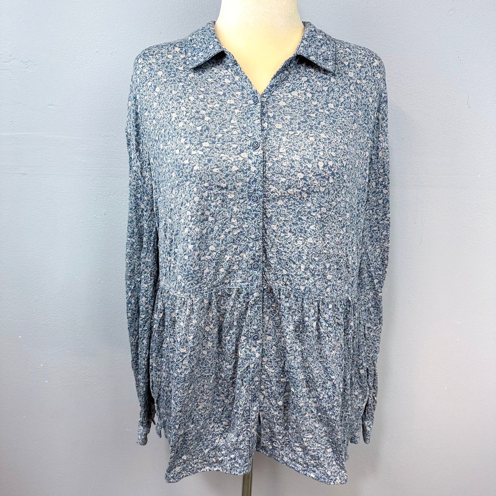 Frye Long Sleeve Top Sz L Monica Floral Boho Dusky Blue Babydoll Crinkle Tunic